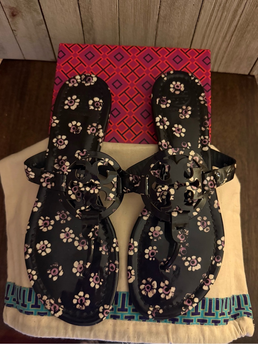 Tory Burch Black Floral Patent Miller Sandals with Pink Accents